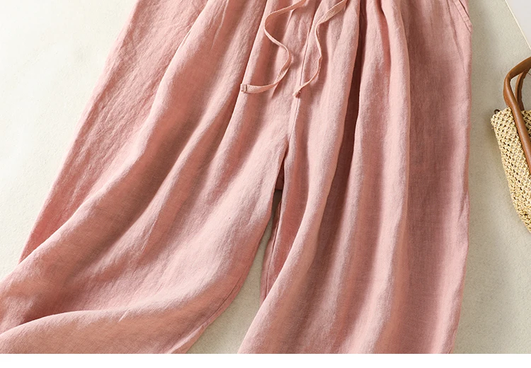 Cotton Linen Wide Leg Hallen Pants Women's Summer New Korean Style Artistic Chic Drawstring High Waist Casual Ankle-length Pants
