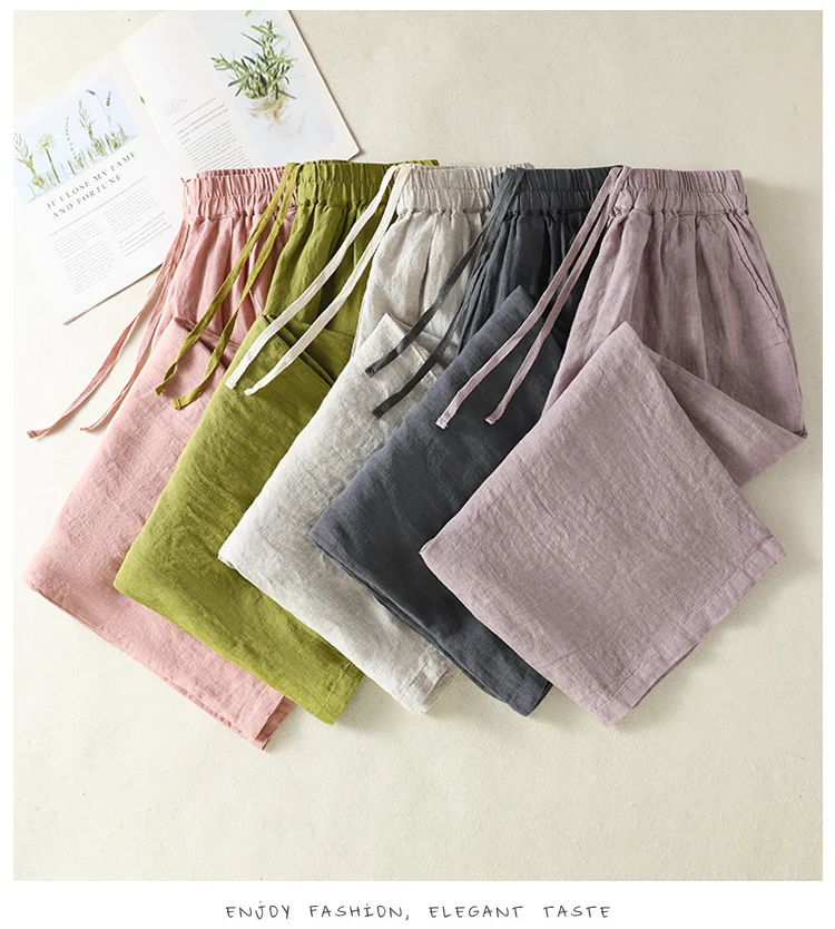Cotton Linen Wide Leg Hallen Pants Women's Summer New Korean Style Artistic Chic Drawstring High Waist Casual Ankle-length Pants
