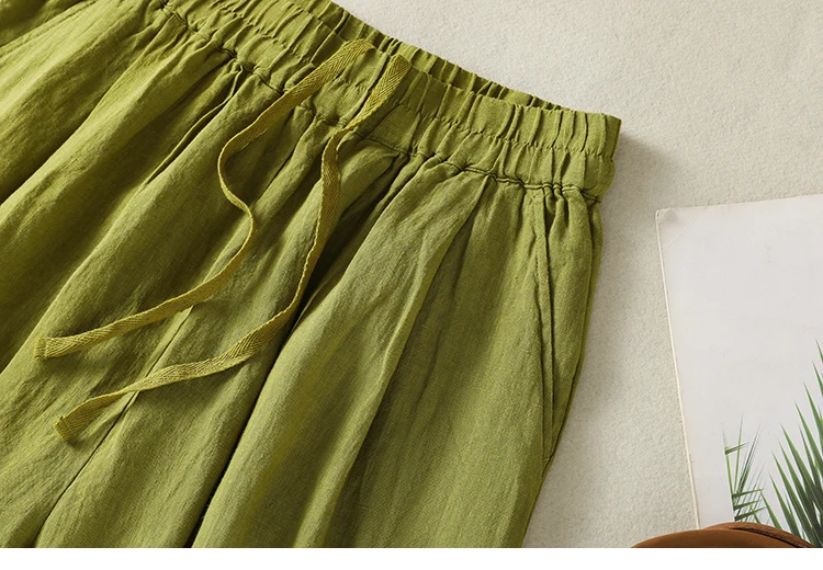 Cotton Linen Wide Leg Hallen Pants Women's Summer New Korean Style Artistic Chic Drawstring High Waist Casual Ankle-length Pants