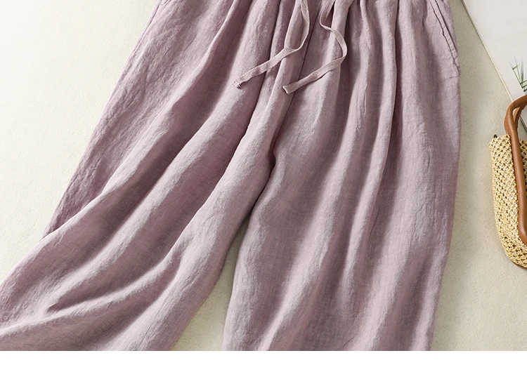 Cotton Linen Wide Leg Hallen Pants Women's Summer New Korean Style Artistic Chic Drawstring High Waist Casual Ankle-length Pants