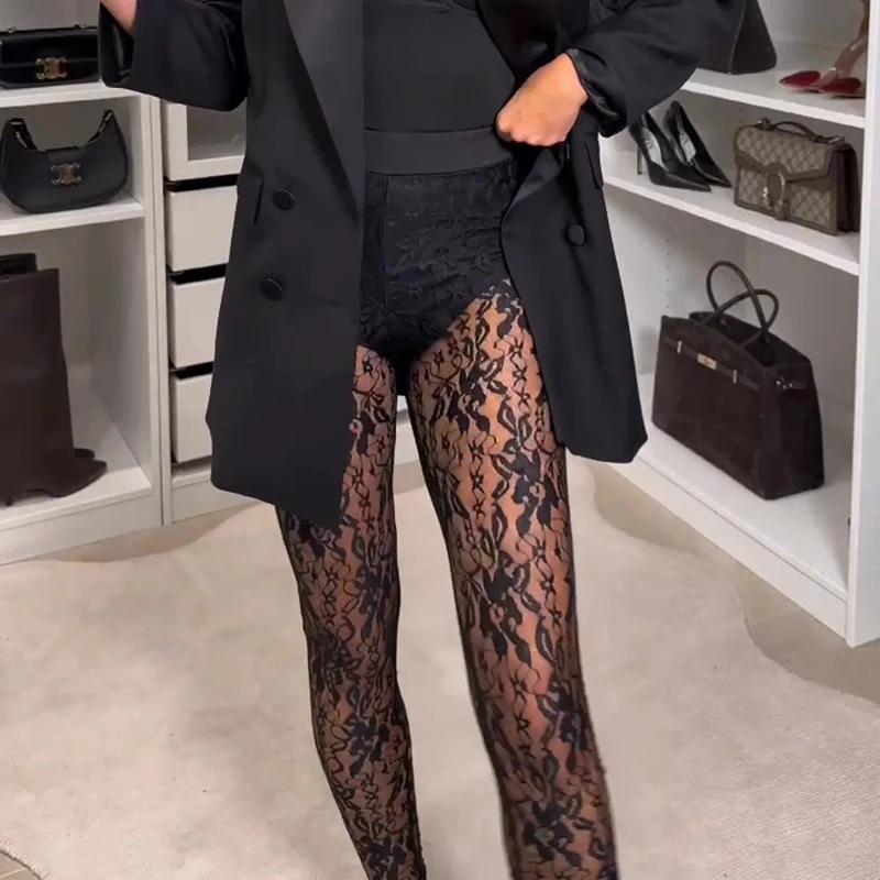 Sexy Embroidrey Floral See Through Sheer Pants Woman New Spring High Waist Slim Long Pant Summer Perspective Hollow Out Trousers