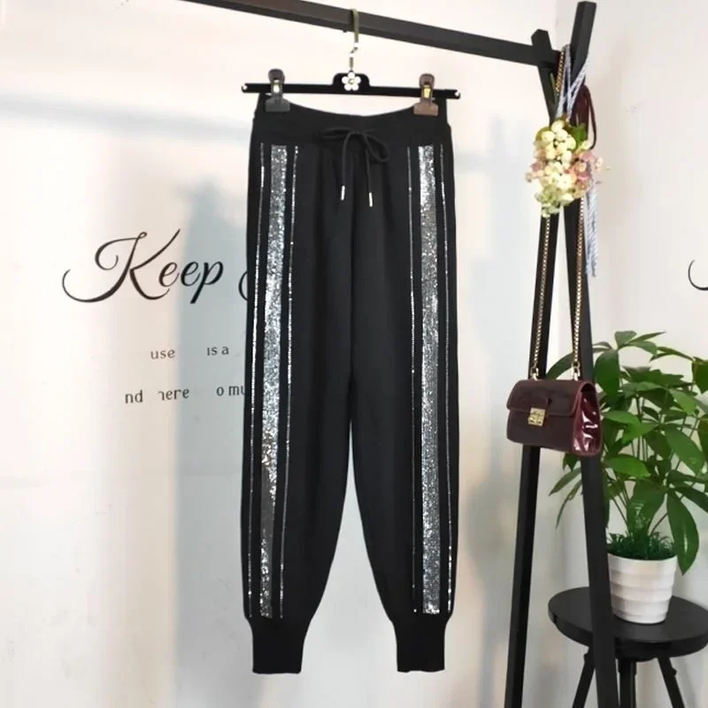 Loose Fit Black Knitted Harem Pants for Women with Diamond Rhinestone Decoration Elastic Waistband Sweatpants Cropped Pants