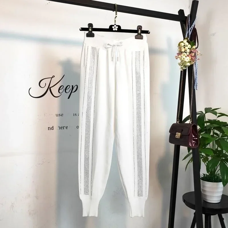 Loose Fit Black Knitted Harem Pants for Women with Diamond Rhinestone Decoration Elastic Waistband Sweatpants Cropped Pants