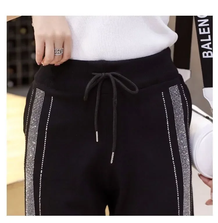 Loose Fit Black Knitted Harem Pants for Women with Diamond Rhinestone Decoration Elastic Waistband Sweatpants Cropped Pants