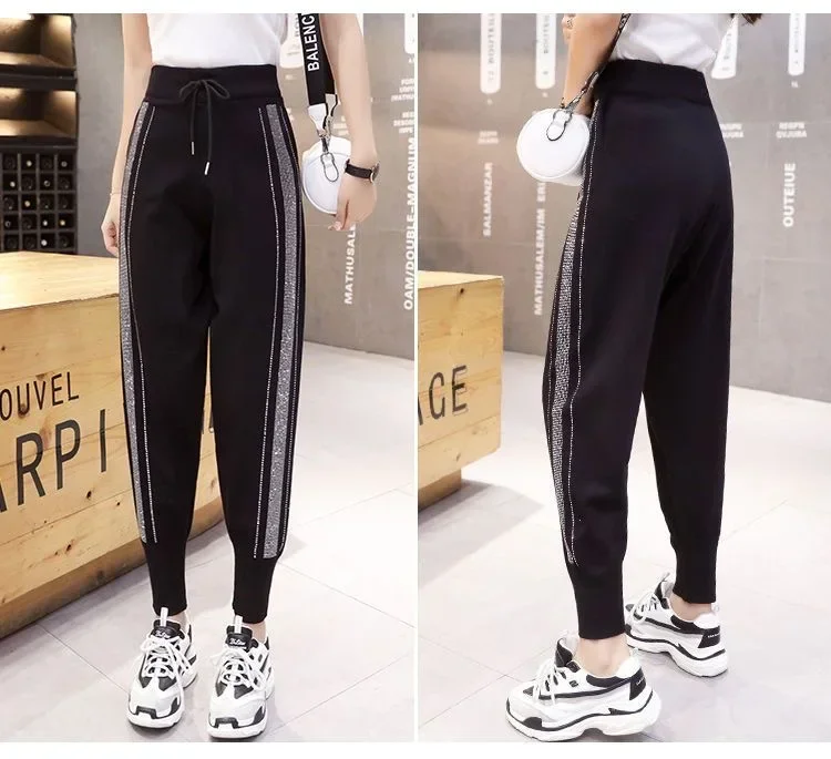 Loose Fit Black Knitted Harem Pants for Women with Diamond Rhinestone Decoration Elastic Waistband Sweatpants Cropped Pants