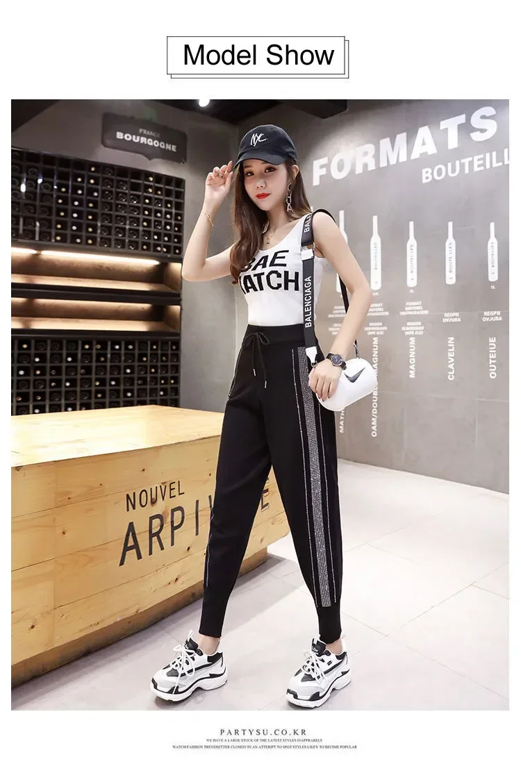 Loose Fit Black Knitted Harem Pants for Women with Diamond Rhinestone Decoration Elastic Waistband Sweatpants Cropped Pants