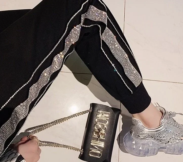 Loose Fit Black Knitted Harem Pants for Women with Diamond Rhinestone Decoration Elastic Waistband Sweatpants Cropped Pants