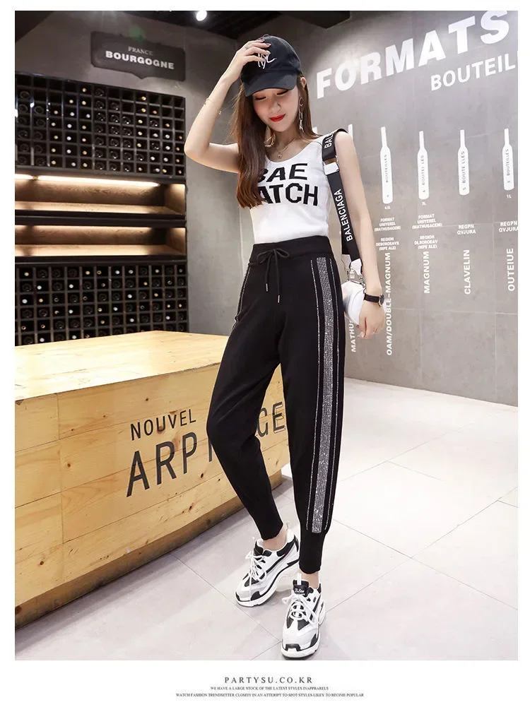Loose Fit Black Knitted Harem Pants for Women with Diamond Rhinestone Decoration Elastic Waistband Sweatpants Cropped Pants