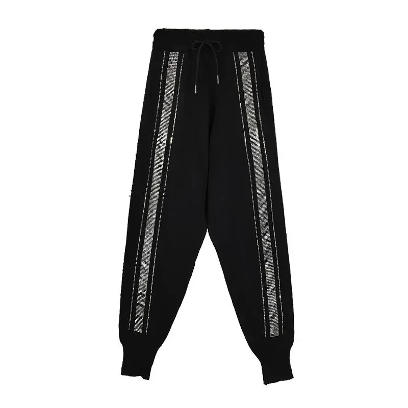 Loose Fit Black Knitted Harem Pants for Women with Diamond Rhinestone Decoration Elastic Waistband Sweatpants Cropped Pants
