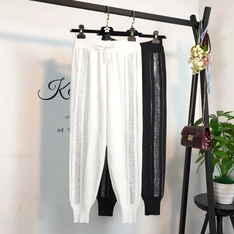 Loose Fit Black Knitted Harem Pants for Women with Diamond Rhinestone Decoration Elastic Waistband Sweatpants Cropped Pants