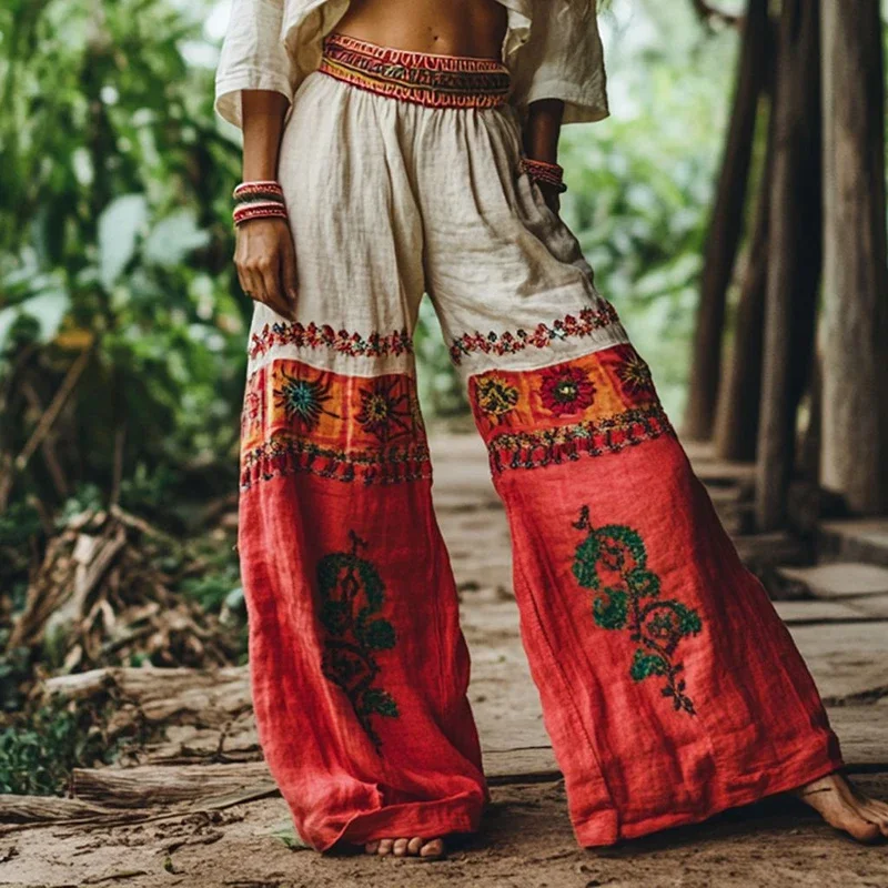 Vintage Women Casual Loose Print Wide Leg Pants Ethnic Print Bohemian Long Pants Women Fashion High Waist Solid Long Trousers