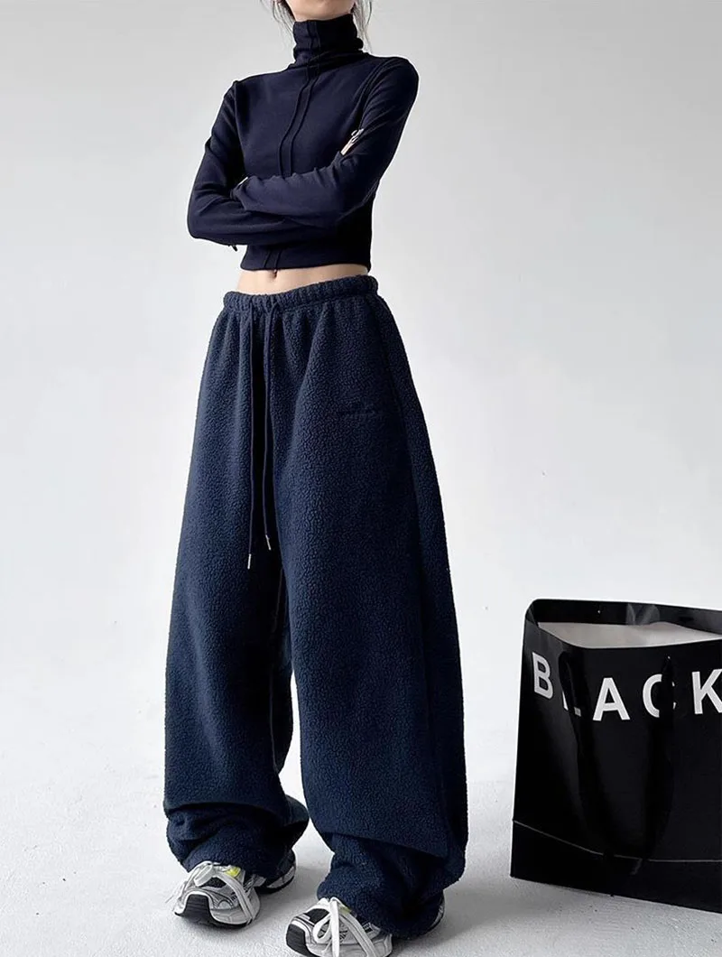 2025 New Polar Fleece Wide Leg Trousers for Women Oversize Style Loose Winter Thick Warm Sweatpants Y2K Vintage Thermal Pants
