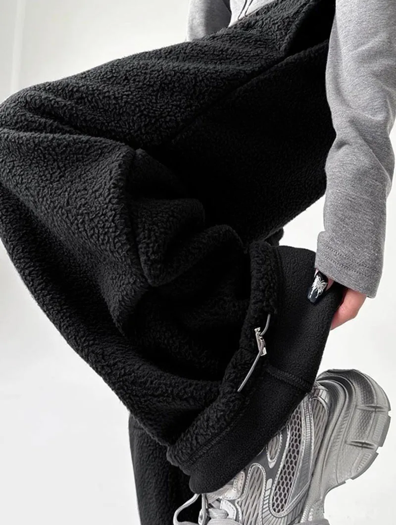 2025 New Polar Fleece Wide Leg Trousers for Women Oversize Style Loose Winter Thick Warm Sweatpants Y2K Vintage Thermal Pants