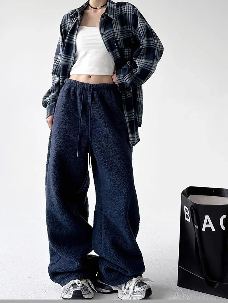 2025 New Polar Fleece Wide Leg Trousers for Women Oversize Style Loose Winter Thick Warm Sweatpants Y2K Vintage Thermal Pants