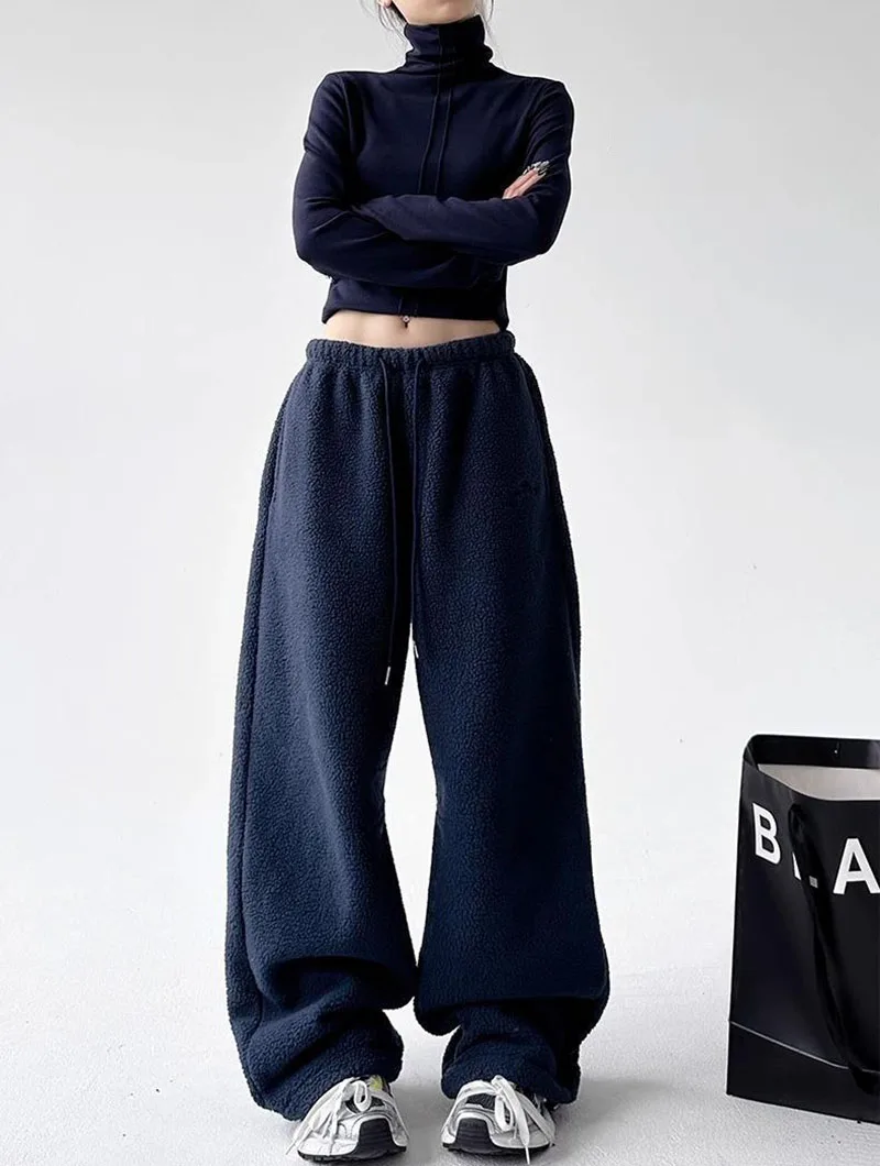 2025 New Polar Fleece Wide Leg Trousers for Women Oversize Style Loose Winter Thick Warm Sweatpants Y2K Vintage Thermal Pants