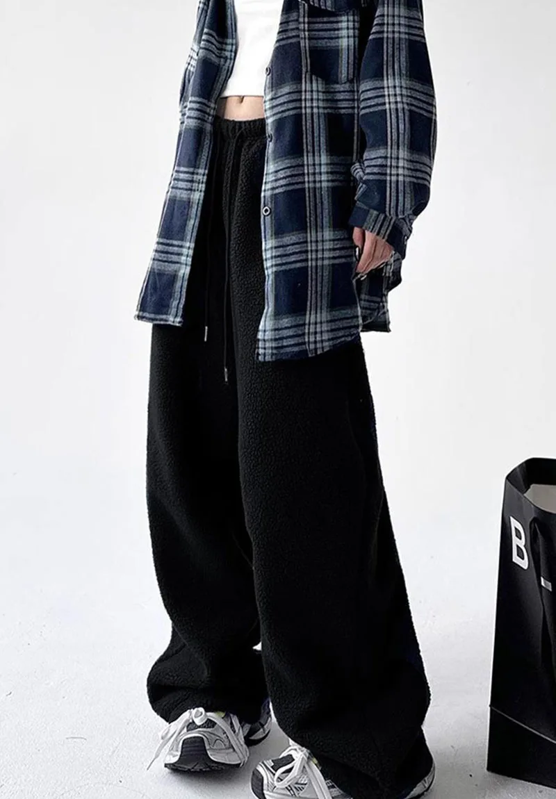 2025 New Polar Fleece Wide Leg Trousers for Women Oversize Style Loose Winter Thick Warm Sweatpants Y2K Vintage Thermal Pants