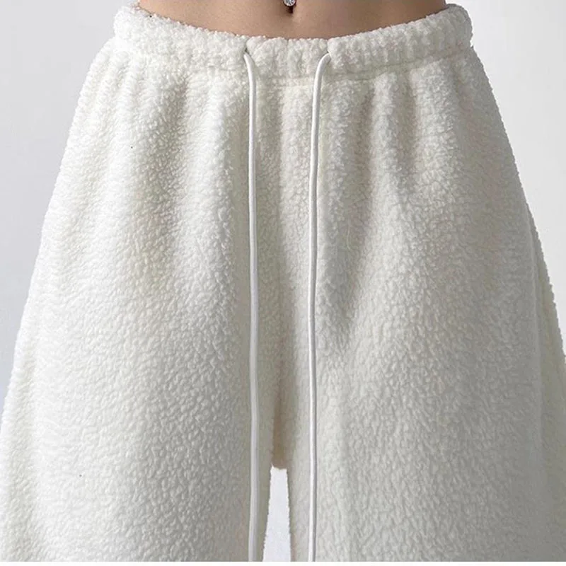 2025 New Polar Fleece Wide Leg Trousers for Women Oversize Style Loose Winter Thick Warm Sweatpants Y2K Vintage Thermal Pants
