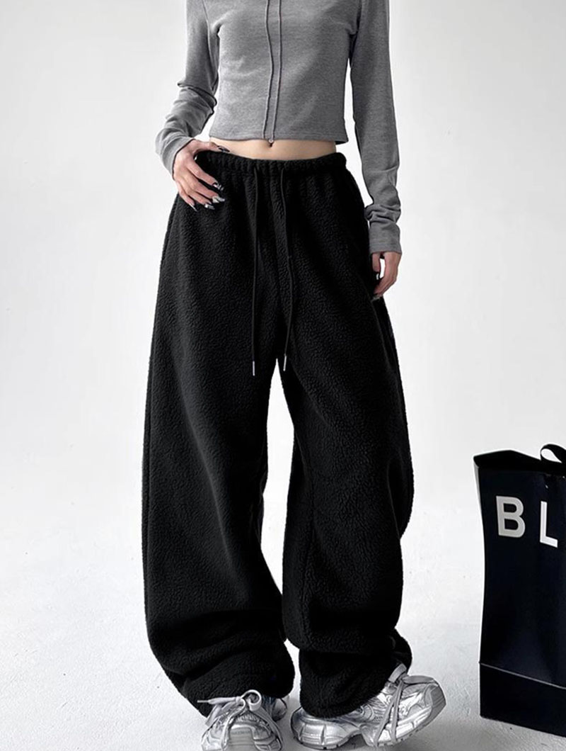 2025 New Polar Fleece Wide Leg Trousers for Women Oversize Style Loose Winter Thick Warm Sweatpants Y2K Vintage Thermal Pants