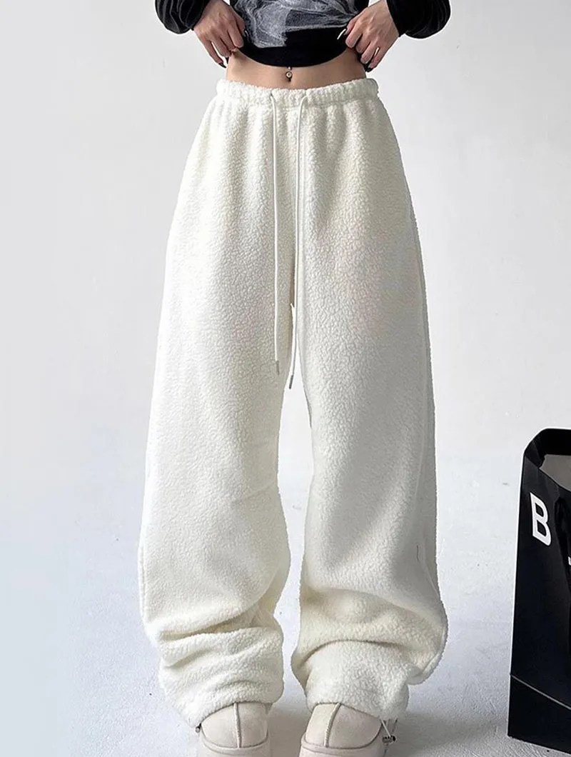 2025 New Polar Fleece Wide Leg Trousers for Women Oversize Style Loose Winter Thick Warm Sweatpants Y2K Vintage Thermal Pants