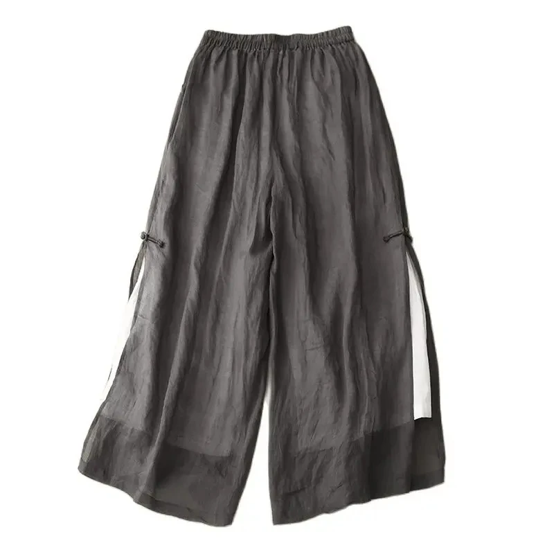 Gray Cotton Linen Casual Elastic High Waist With Lining Women's Pants Wide Leg Ankle-Length Pants For Women Clothing Fashion
