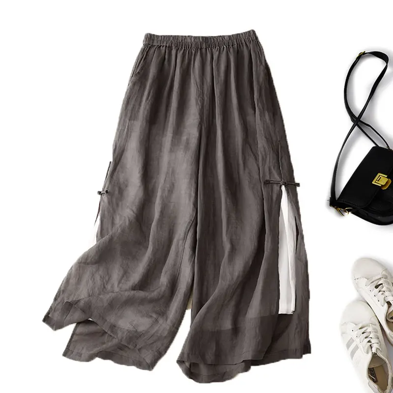 Gray Cotton Linen Casual Elastic High Waist With Lining Women's Pants Wide Leg Ankle-Length Pants For Women Clothing Fashion
