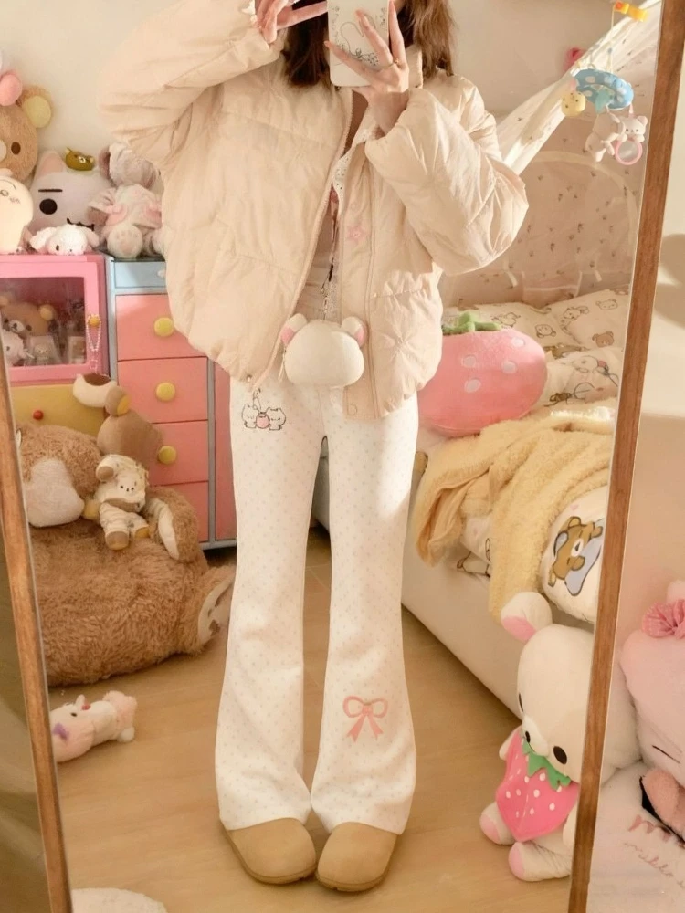 Autumn Design Slim Elastic Waist Bell-bottoms Kawaii Sweet Polka Dot Thin Embroidery Trousers Women Lovely Pretty Casual Pants