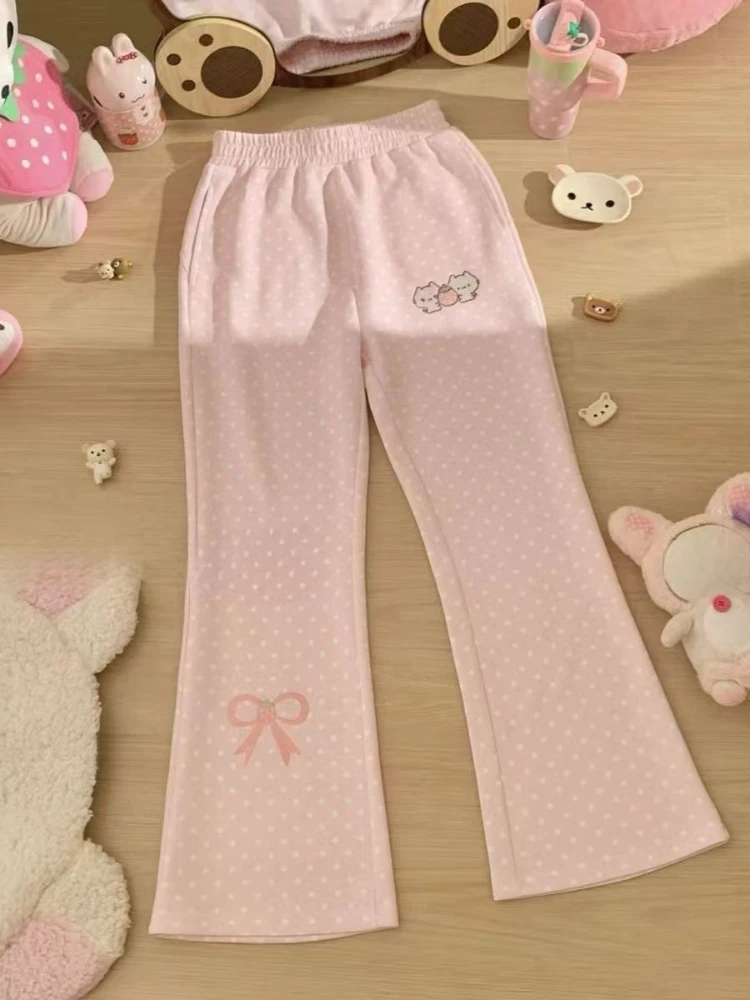Autumn Design Slim Elastic Waist Bell-bottoms Kawaii Sweet Polka Dot Thin Embroidery Trousers Women Lovely Pretty Casual Pants