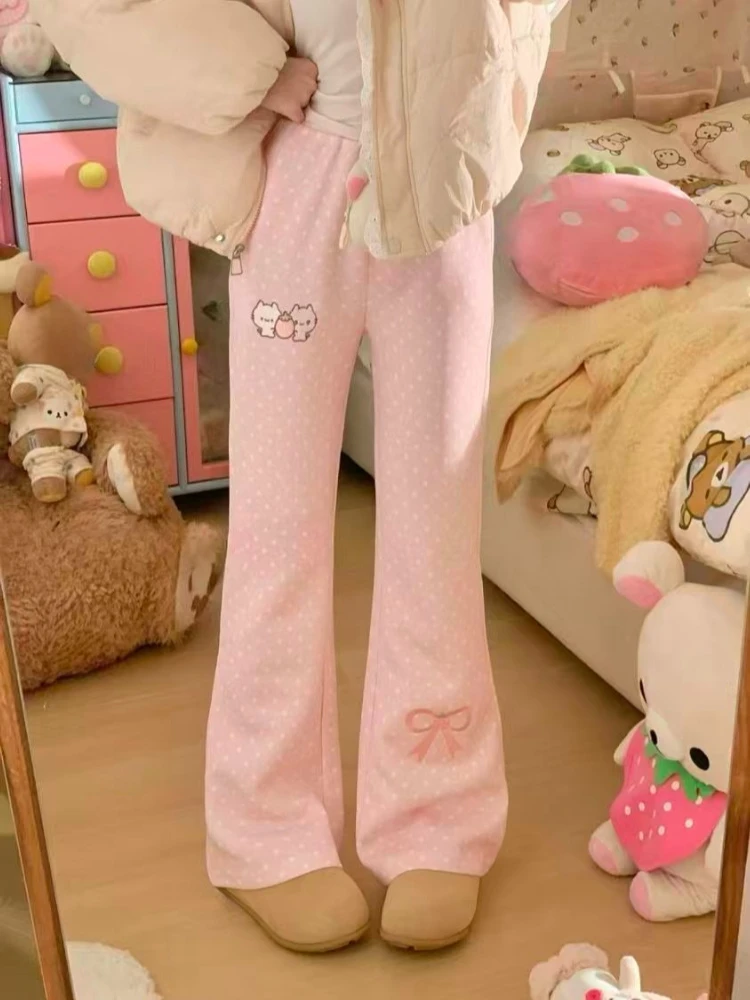 Autumn Design Slim Elastic Waist Bell-bottoms Kawaii Sweet Polka Dot Thin Embroidery Trousers Women Lovely Pretty Casual Pants