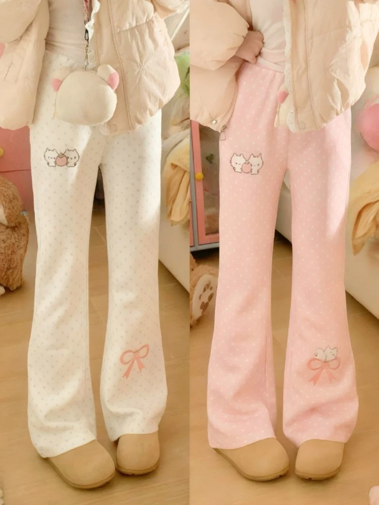 Autumn Design Slim Elastic Waist Bell-bottoms Kawaii Sweet Polka Dot Thin Embroidery Trousers Women Lovely Pretty Casual Pants