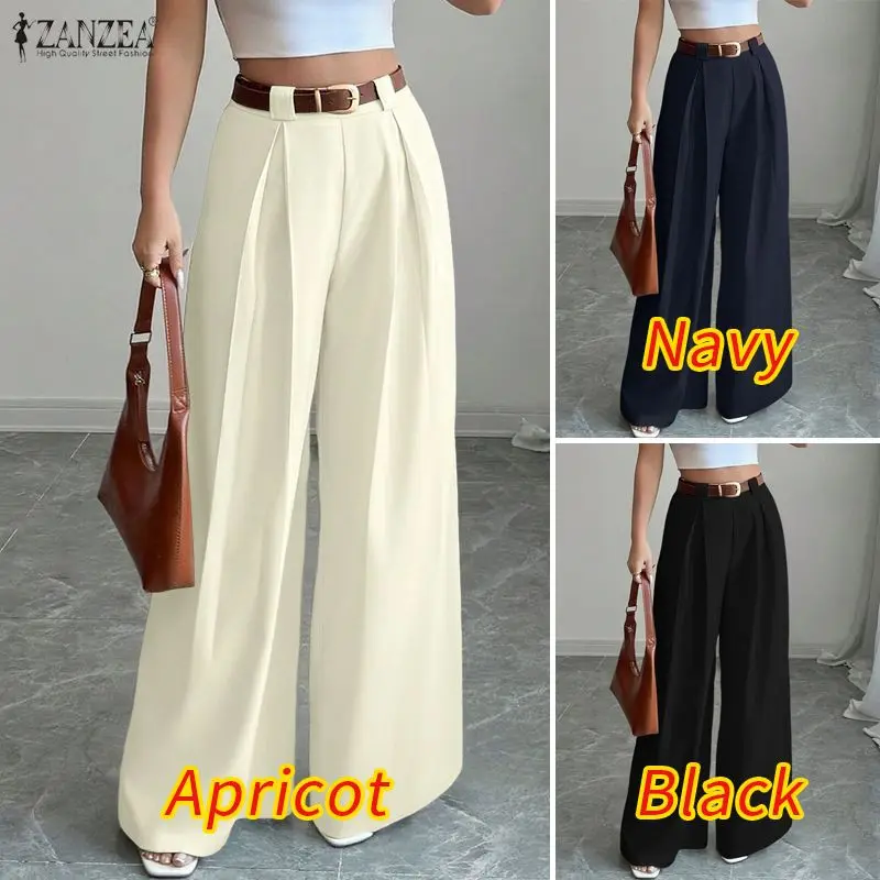 2025 ZANZEA Fashion Women Trousers Autumn High Waist Office Work Pant Elegant Wide Leg Pantalon Solid Pleated Palazzo Streetwear