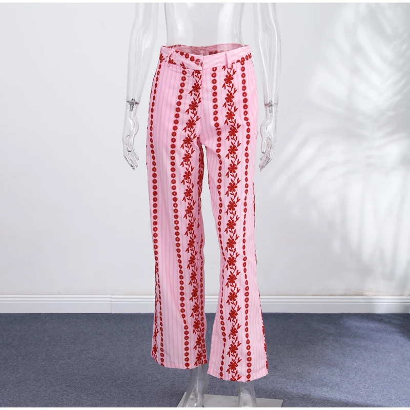 Casual Print Embroidery Pants Women High Waist Straight Hollow Out Trousers Female 2026 Spring Summer New Chic Cotton Streetwear