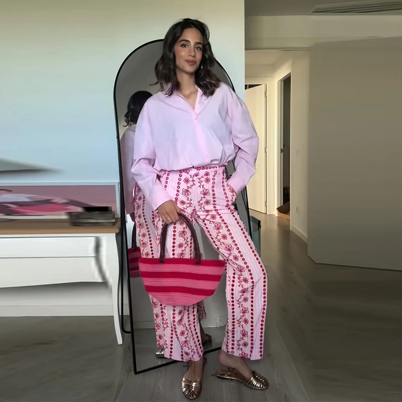Casual Print Embroidery Pants Women High Waist Straight Hollow Out Trousers Female 2026 Spring Summer New Chic Cotton Streetwear