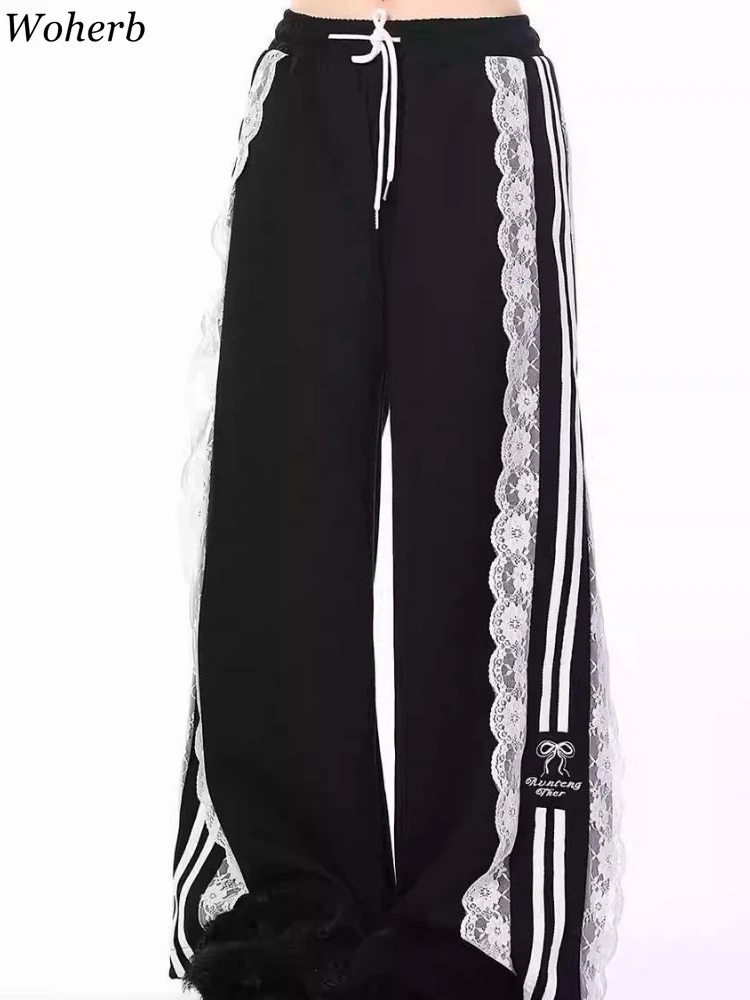Autumn Chic Korean Loose Joggers Women Patchwork Lace Drawstring Sweatpants Y2k Pants Femme New Bottoms Casual Fashion Trousers