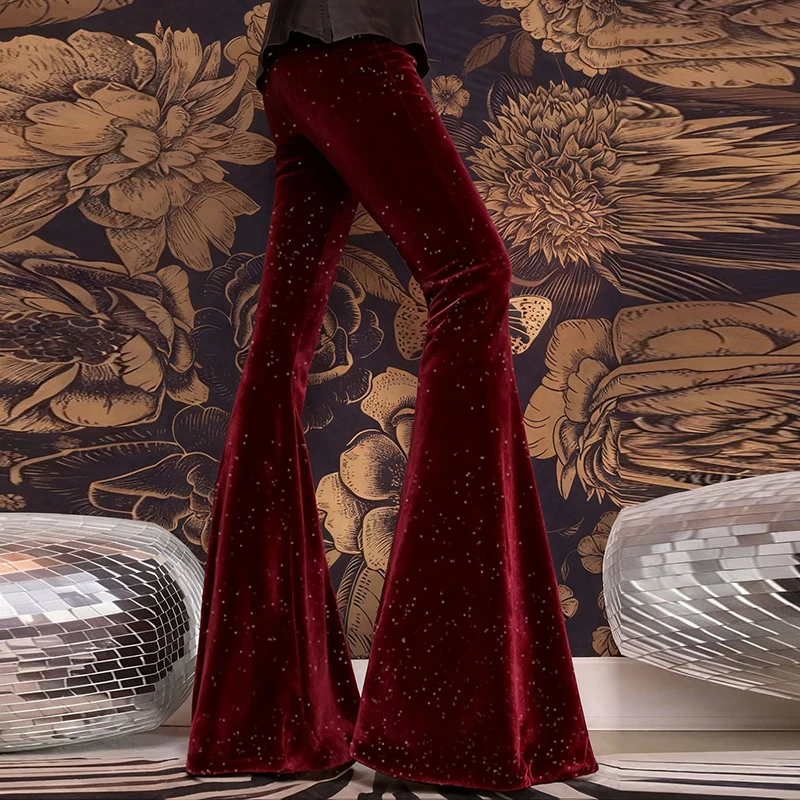 Fashion Velvet Pants Women High Waist Flared Trousers For Women Autumn Winter Stretch Party Pants Red