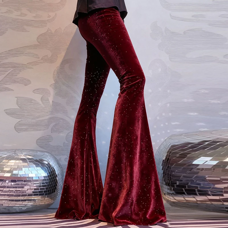 Fashion Velvet Pants Women High Waist Flared Trousers For Women Autumn Winter Stretch Party Pants Red