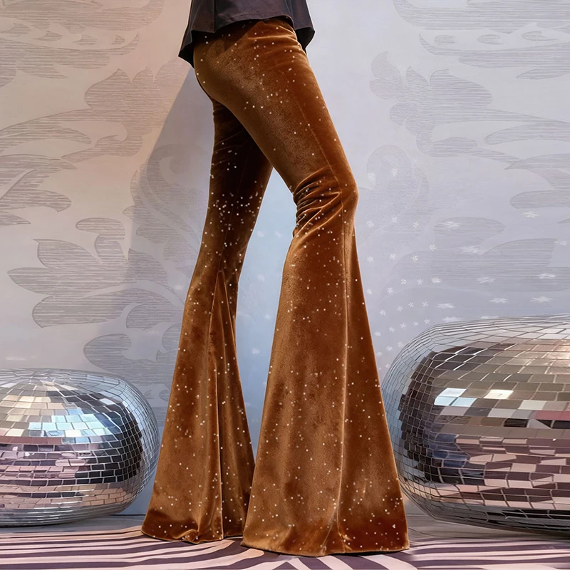 Fashion Velvet Pants Women High Waist Flared Trousers For Women Autumn Winter Stretch Party Pants Red