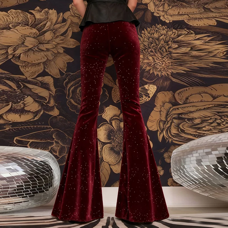 Fashion Velvet Pants Women High Waist Flared Trousers For Women Autumn Winter Stretch Party Pants Red
