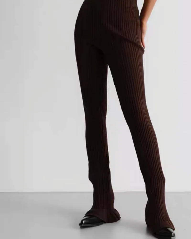 American Retro Wood Ears Cuff Ribbed Knitting Flare Pants Woman High Waist Stretch Slim Skinny Trousers Legging Bottom