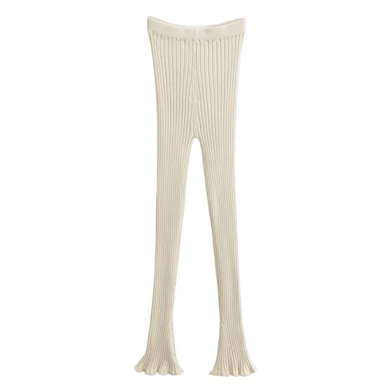 American Retro Wood Ears Cuff Ribbed Knitting Flare Pants Woman High Waist Stretch Slim Skinny Trousers Legging Bottom