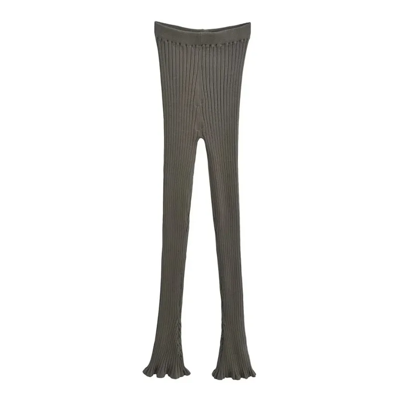 American Retro Wood Ears Cuff Ribbed Knitting Flare Pants Woman High Waist Stretch Slim Skinny Trousers Legging Bottom