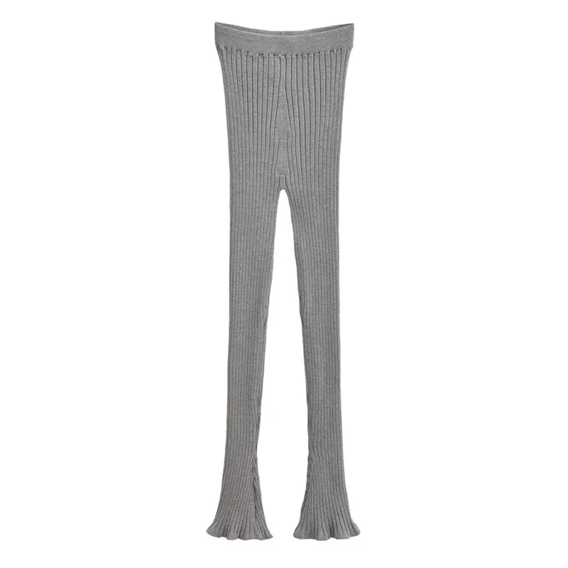 American Retro Wood Ears Cuff Ribbed Knitting Flare Pants Woman High Waist Stretch Slim Skinny Trousers Legging Bottom