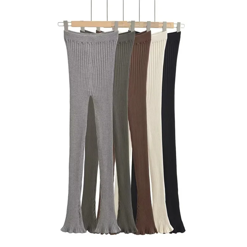 American Retro Wood Ears Cuff Ribbed Knitting Flare Pants Woman High Waist Stretch Slim Skinny Trousers Legging Bottom