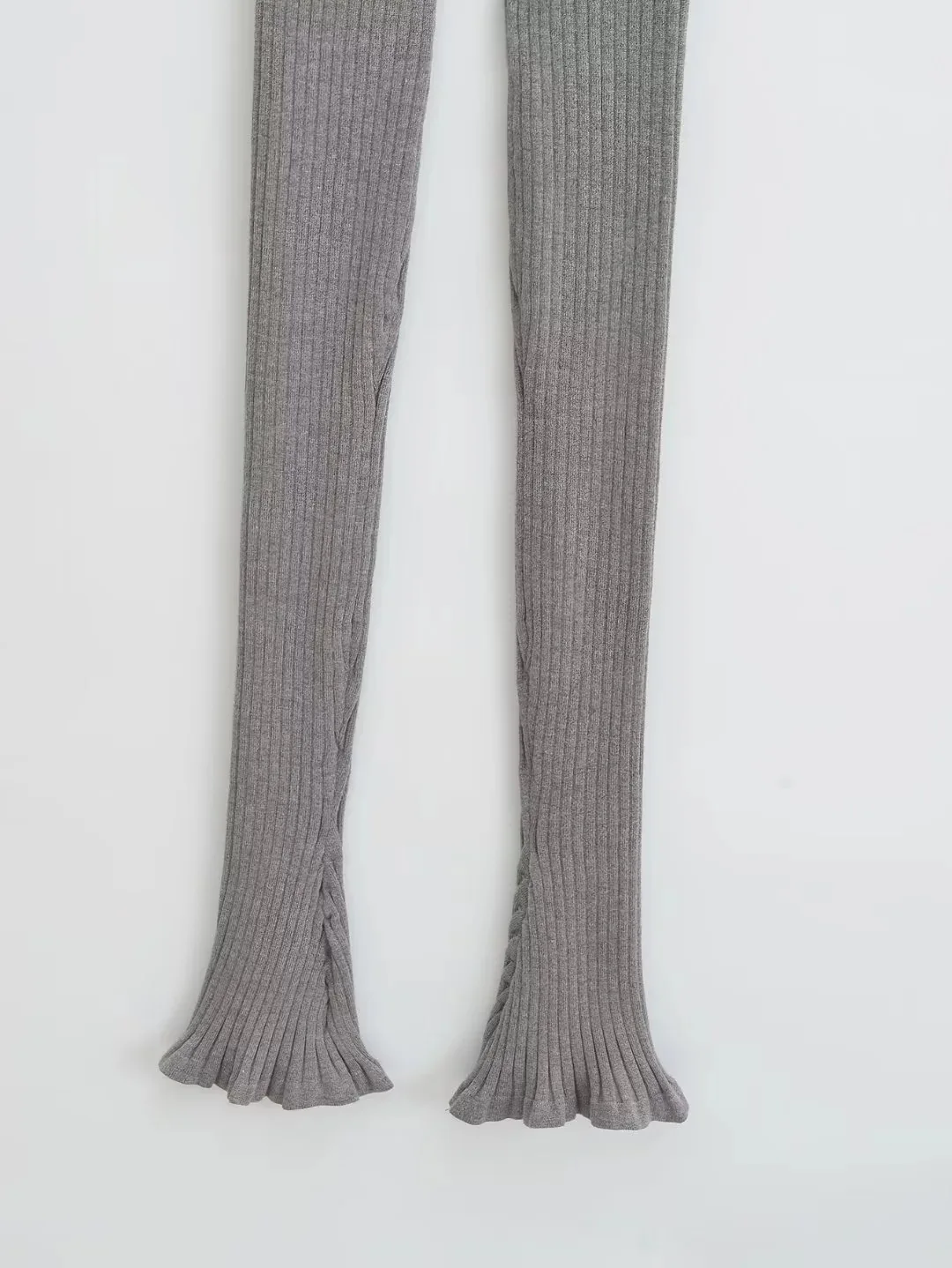 American Retro Wood Ears Cuff Ribbed Knitting Flare Pants Woman High Waist Stretch Slim Skinny Trousers Legging Bottom