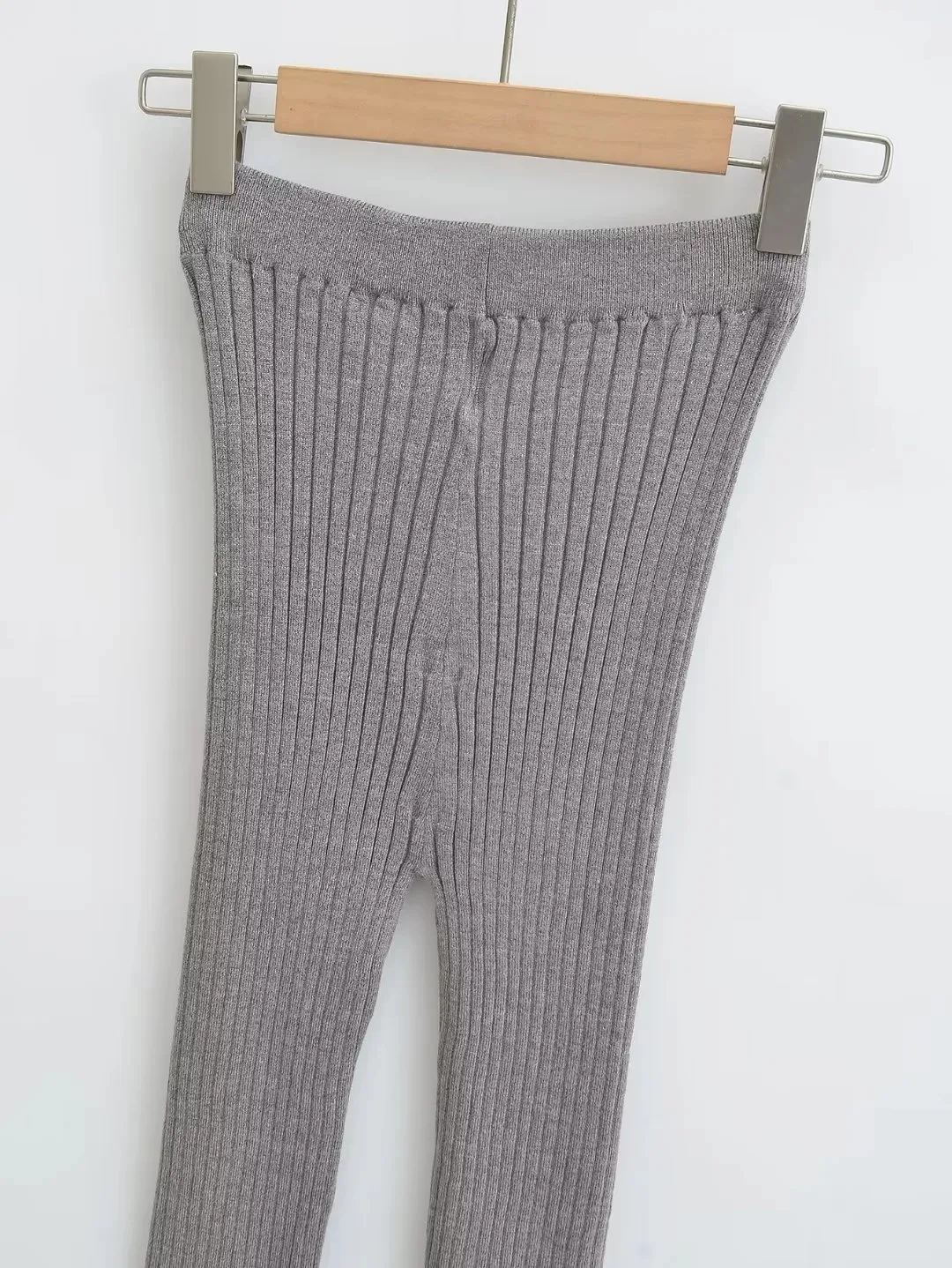 American Retro Wood Ears Cuff Ribbed Knitting Flare Pants Woman High Waist Stretch Slim Skinny Trousers Legging Bottom
