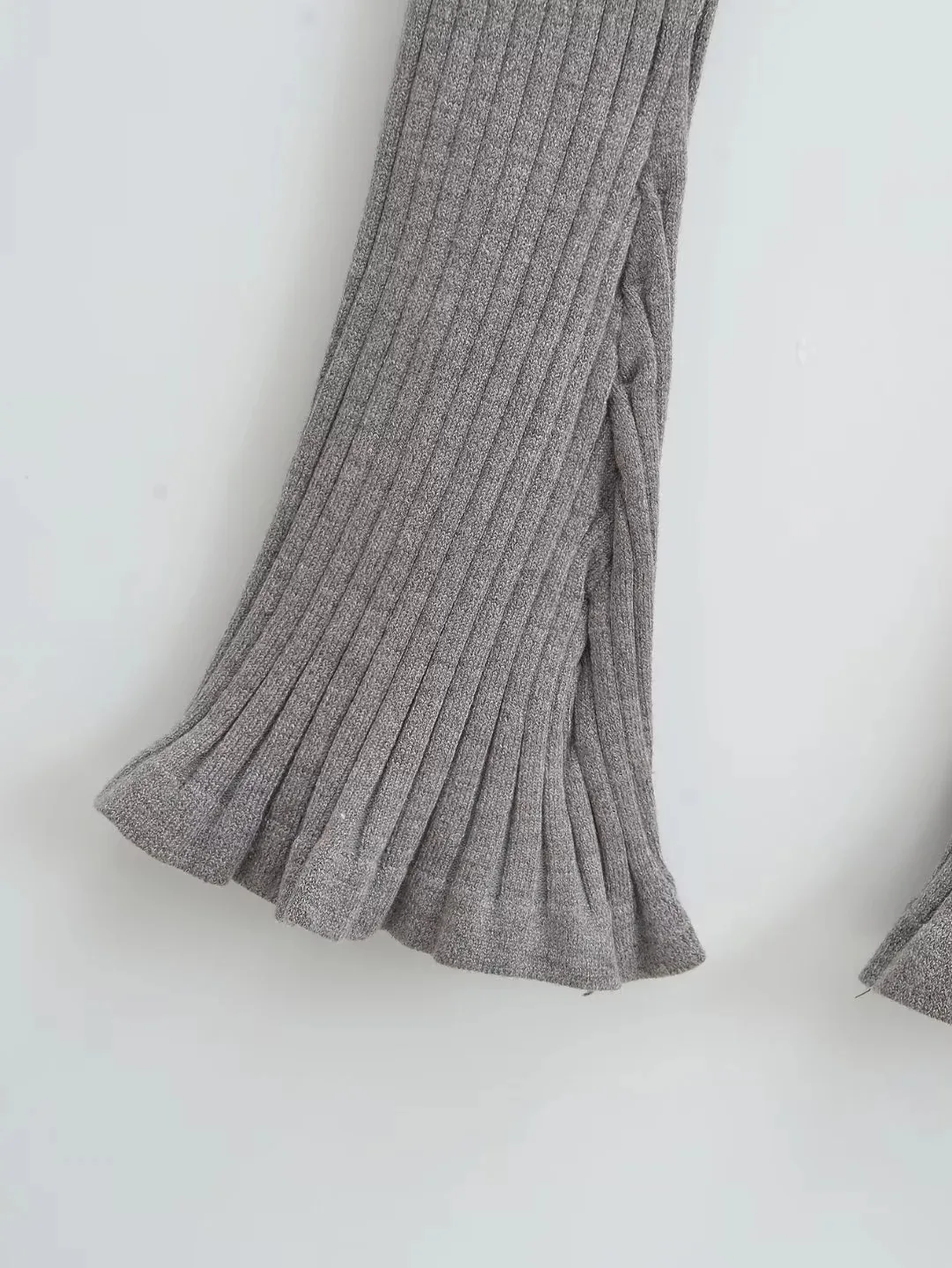 American Retro Wood Ears Cuff Ribbed Knitting Flare Pants Woman High Waist Stretch Slim Skinny Trousers Legging Bottom
