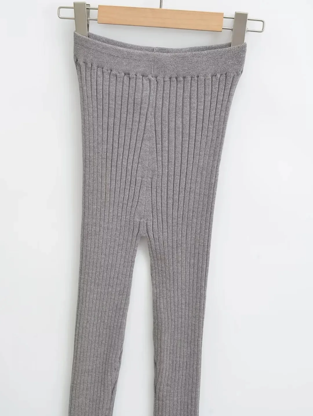 American Retro Wood Ears Cuff Ribbed Knitting Flare Pants Woman High Waist Stretch Slim Skinny Trousers Legging Bottom