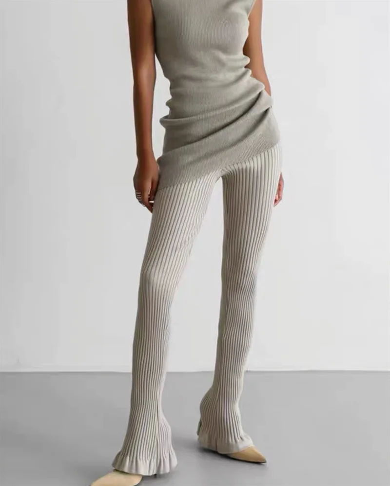 American Retro Wood Ears Cuff Ribbed Knitting Flare Pants Woman High Waist Stretch Slim Skinny Trousers Legging Bottom
