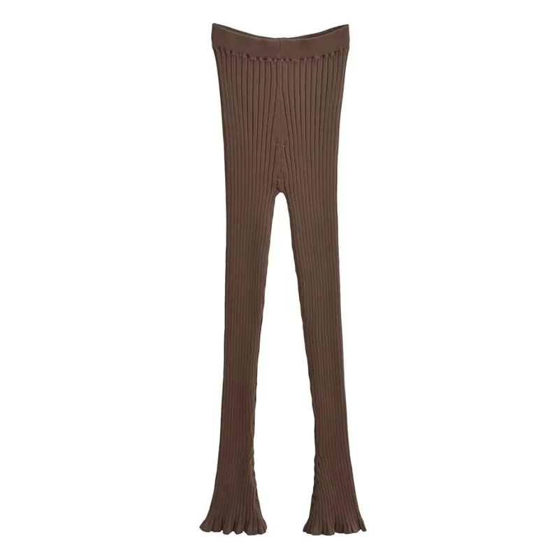 American Retro Wood Ears Cuff Ribbed Knitting Flare Pants Woman High Waist Stretch Slim Skinny Trousers Legging Bottom