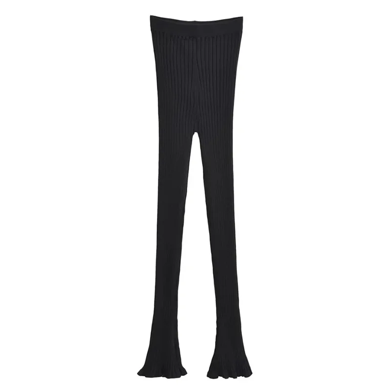 American Retro Wood Ears Cuff Ribbed Knitting Flare Pants Woman High Waist Stretch Slim Skinny Trousers Legging Bottom