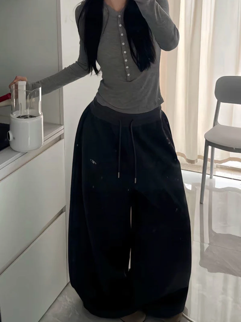 Y2K Vintage Baggy Sweatpants Women Autumn New Korean Loose Wide Leg Pants Streetwear Casual Zipper Fly Female Trousers 2024 New